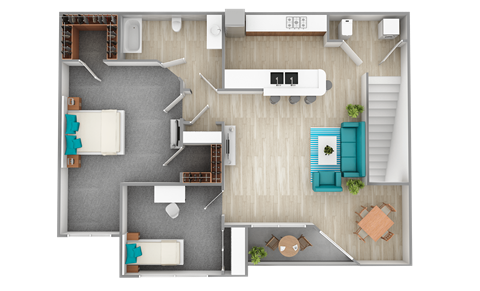 Floor plan for 2 beds, 1 bath, 953 sqft